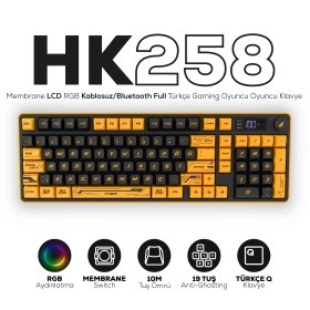 Resim Hawk Gaming HK258 Membrane LCD RGB Kablosuz/Bluetooth Cyber Sarı Siyah Full Türkçe Gaming Oyuncu Klavye 