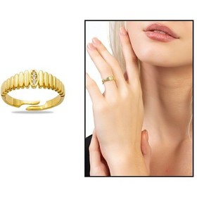 Resim Beyaz Zirkon Taşlı Merdiven Tasarım Gold Renk Free Size 925 Ayar Gümüş Kadın Yüzük 