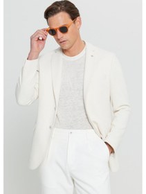 Resim AC&Co / Altınyıldız Classics Erkek Ekru 360 Her Yöne Esneyen Pamuklu Esnek Slim Fit Dar Kesim Mono Yaka Armürlü Blazer Ceket Ekru 