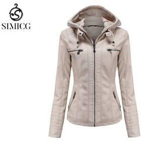 Resim Sımıcg Çıkarılabilir Kapüşonlu Kadın Deri Ceket - Bej Kırık Beyaz 