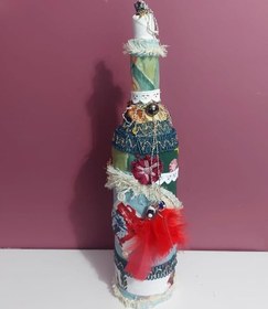 Resim El Yapımı Dekoratif Şarap Şişesi, Yılbaşı Temalı, Cam Malzeme, 33x8 cm, Ev Dekorasyonu, Noel Süsü 