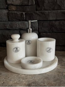 Resim Beyaz Mermer Gümüş Pompalı, Pamukluk Kendinden Tutmalı 5'li Set Beyaz 