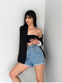 Resim han fashion Kadın Kruvaze Yaka Düğmesiz Cepli Astarlı Siyah Blazer Ceket 
