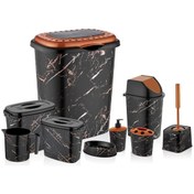 Resim abnturk Siyah Mermer Desen 9 Parça Banyo Çamaşır Seti Kirli Sepeti+deterjanlık Wc Fırçası Diğerleriyle Full 