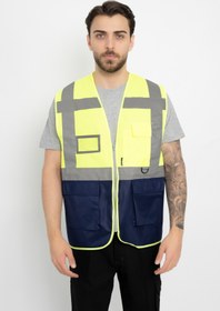 Resim DAŞ ÜNİFORMA Fosforlu İsimlikli İkaz Yeleği Fermuarlı Kapaklı Cepli (Mühendis Tipi Kalın) Çift Renk Lacivert-Sarı 