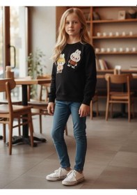 Resim Kız Çocuk Pamuklu Karakter İşlemeli Sweatshirt-16392 Siyah 