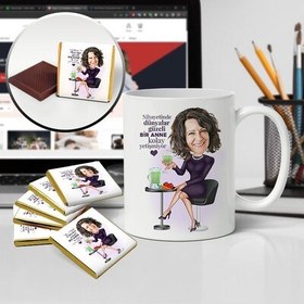 Resim Dünyalar Güzeli Annem Karikatürlü Kupa ve Çikolata 