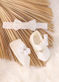 Resim kidello Ekru Çiçek Süslemeli Kız Bebek Patik Bandana Seti 