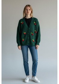 Resim Triko Kiraz Detaylı Cotton Angora Yünlü Uzun Kollu Kazak Yeşil 
