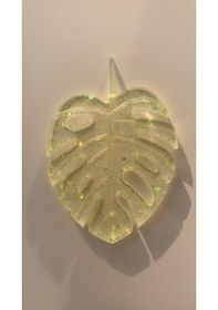 Resim Transparan Sarı Renk Glitterli Epoksi Bardak Altlığı Yaprak Desen Sarı 