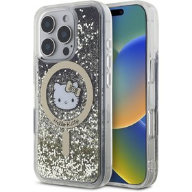 Resim Apple iPhone 16 Pro Uyumlu Kılıf Hello Kitty Orjinal Lisanslı Magsafe Şarj Özellikli IML Baskı Kitty Head Logolu Sıvılı Simli Altın Ateşi Kapak 