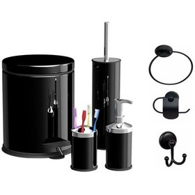 Resim Sas Banyo Aksesuar Takımı 7Li Set 3Lt Çöp Kovası Wc Fırçası Siyah 