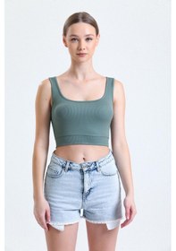 Resim Thiff Gymwear Yeşil Fitilli Kare Yaka Esnek Örme Crop Büstiyer Atlet Haki 
