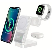 Resim Sunshine022 Beyaz 3ü 1 Arada Katlanır Kablosuz Şarj İstasyonu Saat Ve Pil Göstergeli İphone Airpods iOs Watch Uyumlu Uyumlu 