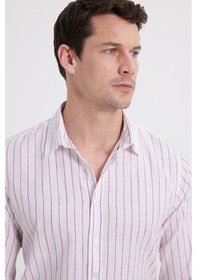 Resim Tudors Erkek Slim Fit Dar Kesim Uzun Kollu %100 Pamuk Keten Doku Çizgili Gömlek-42650 Beyaz 