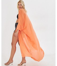 Resim Kutaf Turuncu Uzun Yumusak Ipek Karısımlı Kimono / Beachwear Turuncu 