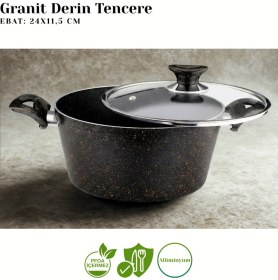 Resim Arzu Çelik 24 Cm Granit Derin Tencere Cam Kapak - Siyah 