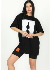 Resim Şamdan Baskılı Oversize Tshirt Siyah-siyah Siyah 