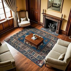 Resim Mavi Madalyon Modern Geometrik Etnik Eskitme Desenli Boho Makinada Yıkanabilir Hafif Hav Toz Vermez Leke Tutmaz Kaymaz Taban Dijital Makine Baskı Halı Oturma Odası Salon Yolluk Koridor Mutfak Halısı 