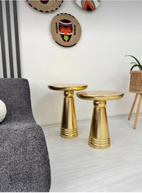 Resim AYLESA Doğal Ahşap 2’li Set Altın Renk Jelatin Mantar Yan Sehpa Modern Fiskos Zigon Çiçeklik 