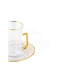 Resim Bardak Çay Bardağı Çay Seti Çay Takımı Lux Dik Çapraz Heybeli Kulplu Çay Seti İç Yaldız Altın 