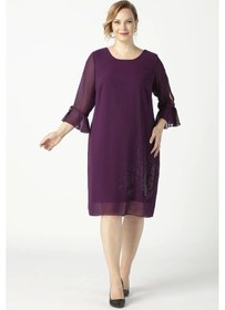 Resim 3132 Taş Baskılı Şifon Tarz Büyük Beden Şık Elbise Mürdüm Mürdüm 