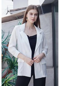 Resim Yazlık Likrasız Keten Kumaş Yakalı Cep Kapaklı Oversize Blazer Ceket-beyaz Beyaz 
