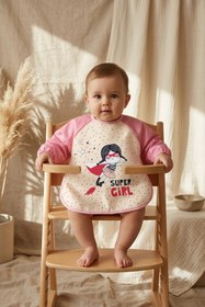 Resim BUUDE Super Girl Desenli Sıvı Geçirmez Uzun Kollu Bebek Mama Ve Aktivite Önlüğü - Pembe Puantiyeli Blw Uyu 