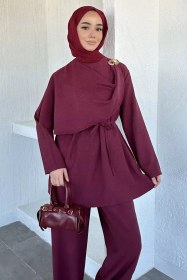 Resim Bel Lastikli Pantolon Gold Toka Detaylı Bel Bağlamalı Tunik Tesettür İkili Bordo TZL-P-00021403 