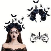 Resim 2 Adet Cadılar Bayramı Parti Saç Bandı Seti - 1 Sevimli Siyah Yapay Çiçek ve Sinek Süslemeli Büyücü Şapkası, 1 Gotik Tarzda Karanlık Rol Oynama Aksesuarı İçin Gothic Stil Siyah Taşlı Maske, Cosplay Kostüm Malzemeleri, Şık İşçiliğe sahip Festival Başlık ile Tatıl Kuaförlük ürünlerini içerir 