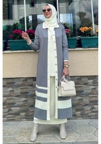 Resim Rabia Şamlı İmge Çizgili Triko Hırka Gri Çok Renkli 