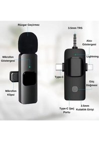 Resim Platoon Pl-2452 2 Adet Type-c, Lightning, Aux Girişli Mini Yaka Mikrofonu 
