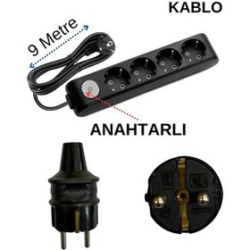 Resim Avarson 4'lü Dörtlü Priz Topraklı Anahtarlı Kablolu Siyah 3x1,5 Ttr 9 Dokuz Metre 