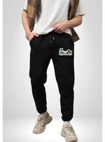 Resim Ufo Gören Masum Köylü Yazılı 3 İplik Erkek Baskılı Siyah Eşofman Altı Siyah 