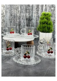 Resim 6 Lı 12 Parça Boncuklu Cam Kirazlı Kahve Fincan Takımı Seti 90ml 