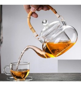 Resim UltraMint Bambu Saplı Cam Süzgeçli Demlik 1000 Ml, Şık ve Fonksiyonel Çay Demliği 