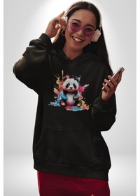 Resim Renkli Yavru Panda Kadın Erkek Siyah Kapüşonlu Sweatshirt Hoodie Siyah 