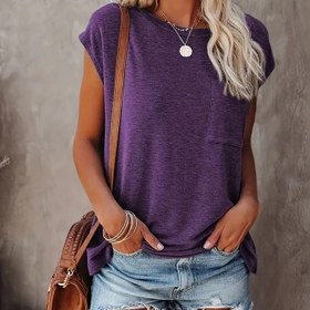 Resim Kadınlar İçin Yazlık Yeni Tek Renk Cepli Yuvarlak Yaka Kısa Kollu Tişört 