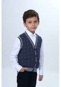 Resim Toontoy Kids Toontoy Erkek Çocuk V Yaka Düğmeli Triko Yelek - Diagonal Desenli Lacivert 