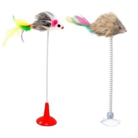 Resim 2li Vantuzlu Fareli Tüylü Hareketli Çanlı Ve Esneyen Eğlenceli Peluş Kedi Oyuncağı 