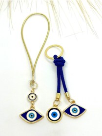 Resim Azrua Lacivert Göz Şekilli Araba Ayna Süsü, Araba Nazarlık ve Lacivert Göz Şekilli Metal Anahtarlık Seti 
