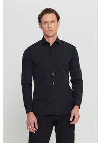 Resim Erkek Sıyah Pamuklu Slim Fit Dar Kesim Klasik Yaka Armürlü Gömlek Siyah 
