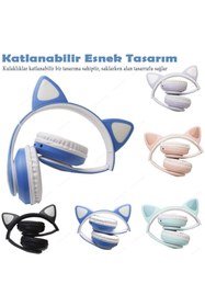 Resim TEKNETSTORE Kablosuz Kedi Kulaklık Işıklı Kulaküstü Mikrofonlu Bluetooth Hafıza Kartı Girişli Çocuk Kulaklığı Wireless 