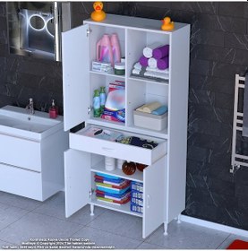 Resim Modilayn Afra 75x173x32,5 Cm 1 Çekmece 3 Kapak 3 Raf 6 Bölme Çok Amaçlı Banyo & Mutfak Dolabı Beyaz 