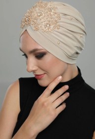 Resim Elysianfidan Kopma Astarlı Işlemeli Bej Dantel Motifli Hazır Türban Tesettür Abiye Bone Bej Dantel 