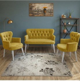 Resim Azra Mobilya Sarı Babyface Kumaş Çay Seti Koltuk Takımı 2 Berjer + 1 İkili, Modern, Beyaz Ayak Sarı 
