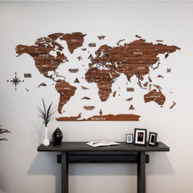 Resim Ahşap Dünya Haritası - Çok Katmanlı 3D Ahşap Duvar Dekoru (Ceviz) - 100x54 cm / Türkçe 