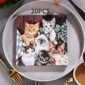 Resim 20'li Paket Sevimli Yavru Kedi Temalı Kağıt Peçeteler, 2 Katlı Orijinal Ahşap Hamuru, Partiler, Restoranlar ve Ateşli Tencere Dükkanları İçin Renkli Dekoratif Peçeteler 