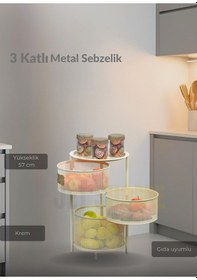 Resim 3 Katlı Sebzelik Açılır Metal Patates Soğan Sepeti Paslanmaz Meyvelik Organizer Sepet Krem Krem 