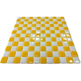 Resim MozaiKristaL Mutfak Tezgah Arası, Havuz, Banyo, Sauna, Spa, İç ve Dış Ortamlarda Tüm Yüzeyler İçin Beyaz-Sarı Damalı . 31,5X31,5 cm. Fileli Cam Mozaik. ( 1 M2 Fiyatıdır ) 